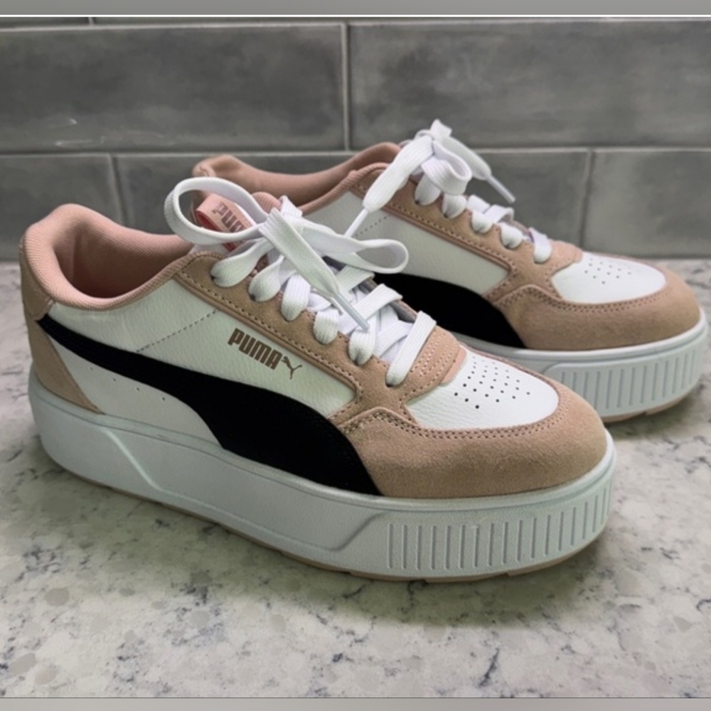 Puma Women's White, Pink, and Black Platform Sneakers Size 8